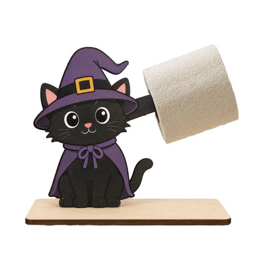 Black Cat Holiday Gift 2Pcs Halloween Paper Towel Holder, Cartoon Animal Tabletop Roll Dispenser, Wooden Funny Skeleton Decor Tissue Stand for Kitchen