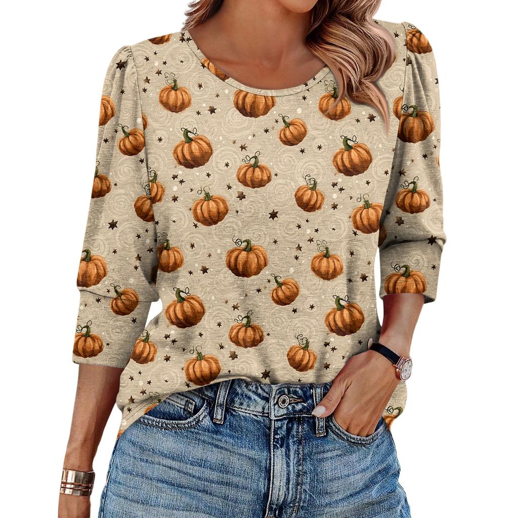 Women's Fashionable Casual Round Neck Seven Quarter Sleeve Halloween Printed Bubble Sleeve Top