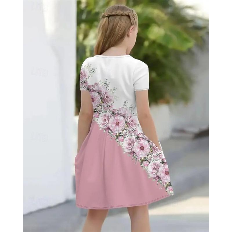 Easter Girls' 3D Graphic Flower Dress Short Sleeve Summer Spring Vacation Daily Holiday