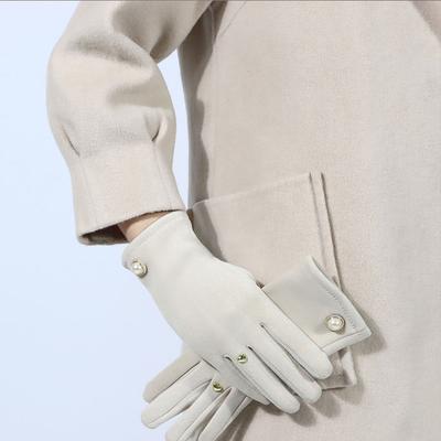 Women Pearl Touch Screen with Velvet Western Korean Version Retro Fashion Light Luxury Velvet Gloves Popular Five Finger Gloves