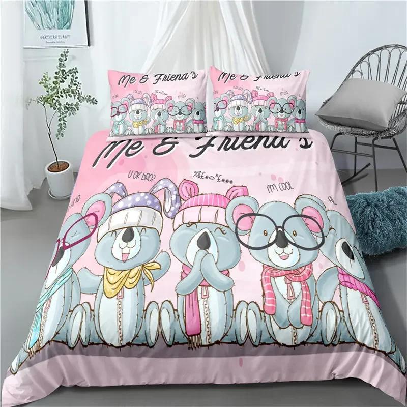 Cartoon Koala Cute Animal Leaves Flowers Comfortable Duvet Quilt Cover Pillowcase Bedding Set Bedroom Decoration Home Textile