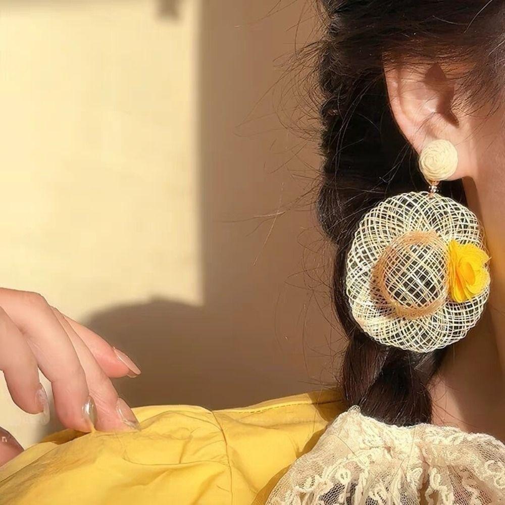 Beach Jewelry Rattan Weave Earrings Flower Straw Hat Earring Sweet Lafite Grass Hat Earrings Women