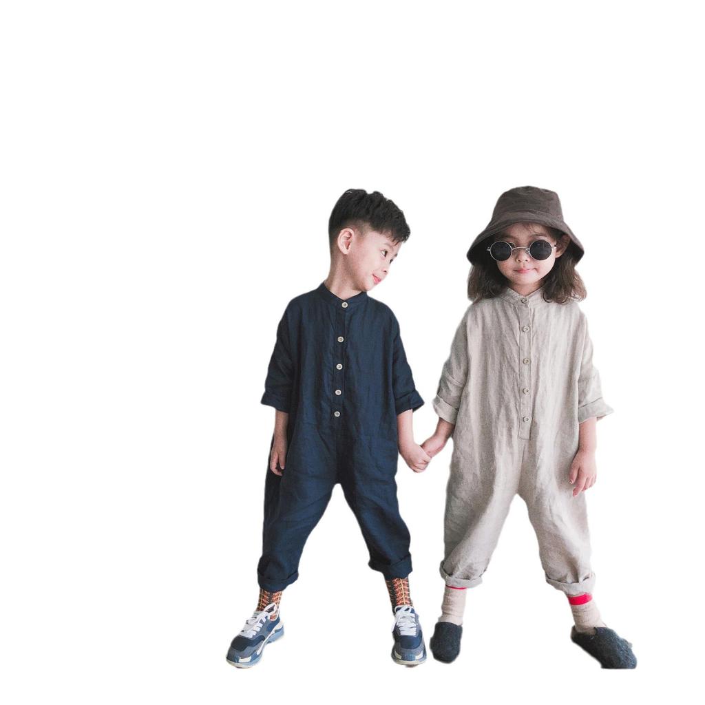 Korean-Style Linen Jumpsuit for Kids - Long Sleeve, Solid Color, Buttoned, Unisex, Loose Fit