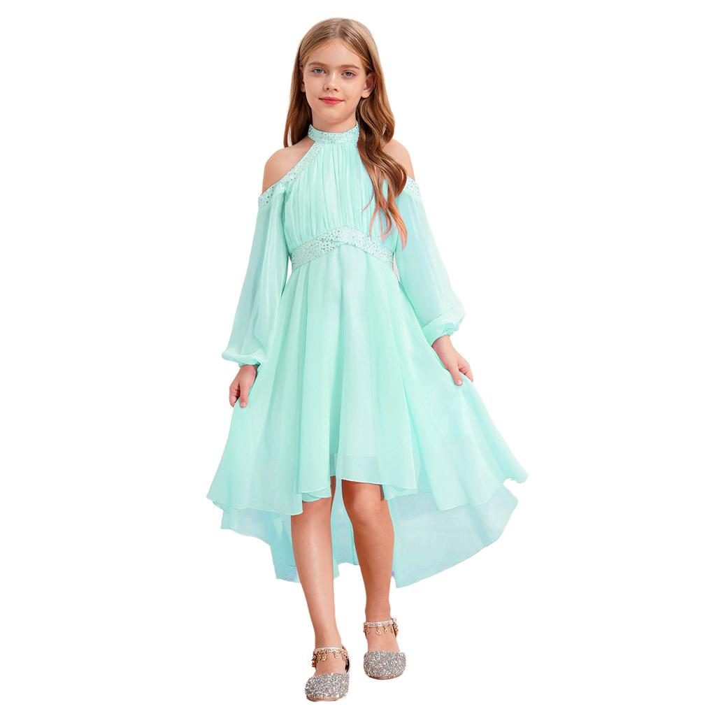 Children‘s High Waist Ruffled Dress Halter Off Shoulder Long Sleeve Irregular Hem Fake Diamond Embellished for Prom Wedding Party