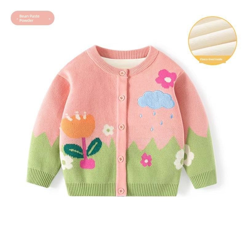 Girls' Round Neck Knitwear, Kidsren's Knitwear Cardigan, Spring and Autum Kidsren's Clothing, Flower Baby Girl Knitwear Jacket, Fleece-Lined