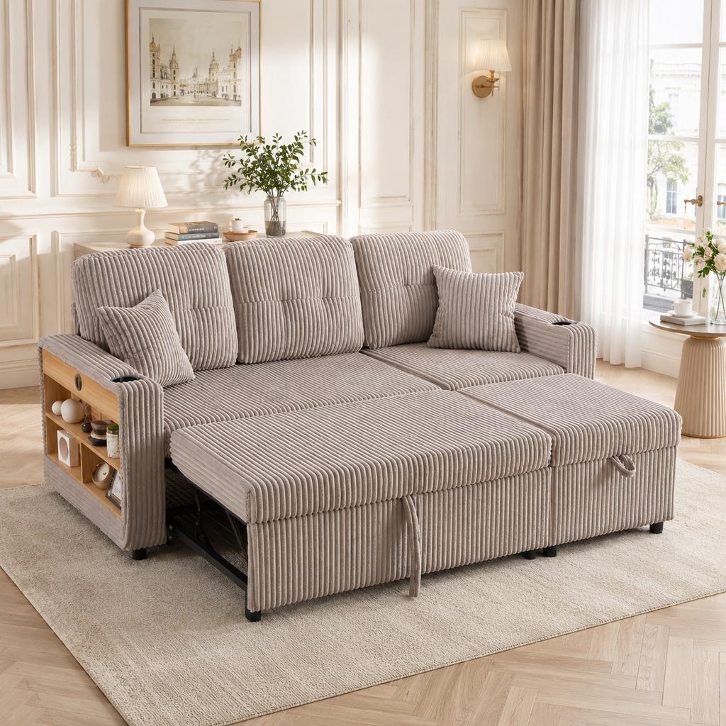Divano Multifunzionale in Velluto a Coste con Contenitore e Letto Estraibile. Compreso. USB-C, Illuminazione Ambientale, Portabicchieri e Braccioli Larghi.