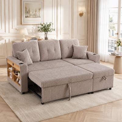 Multifunktionales Cord-Sofa mit Stauraum & Ausziehbett. Inkl. USB-C, Umgebungsbeleuchtung, Getränkehalter & Breite Armlehnen.