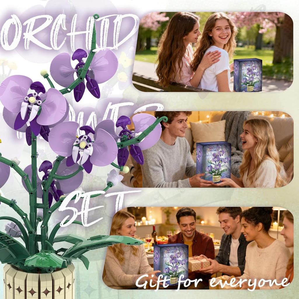 Kit Fiore Orchidea Botanica, Set Fioriera, Compatibile con la Collezione Botanica Lego per Adulti, Composizione Floreale Bouquet Artificiale