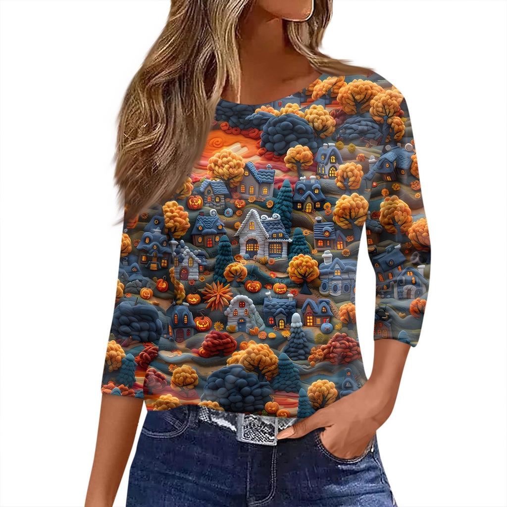 Women's T Shirt Halloween Print 3/4 Sleeve Daily Fashion Basic Round Neck Regular Top