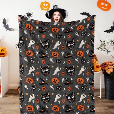 Halloween Throw Blanket 150x200cm | Pumpkin & Black Cat Flannel for Seasonal Decor & Retail