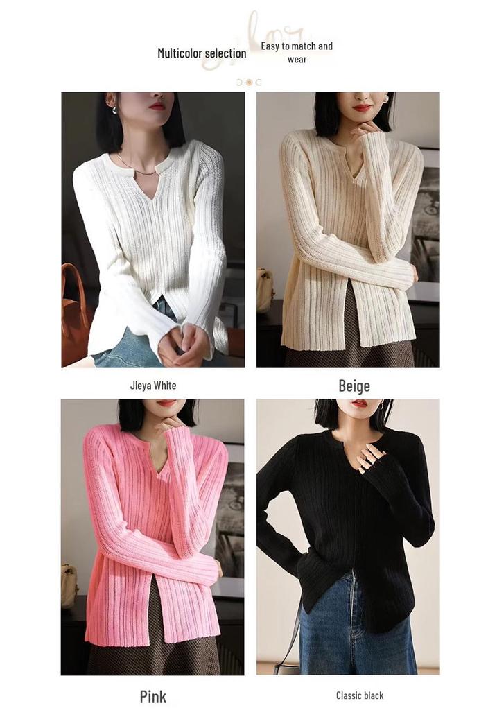 Women's Autumn/Winter Fine Wool Round Neck Hollow Stripe Long Sleeve Knitwear