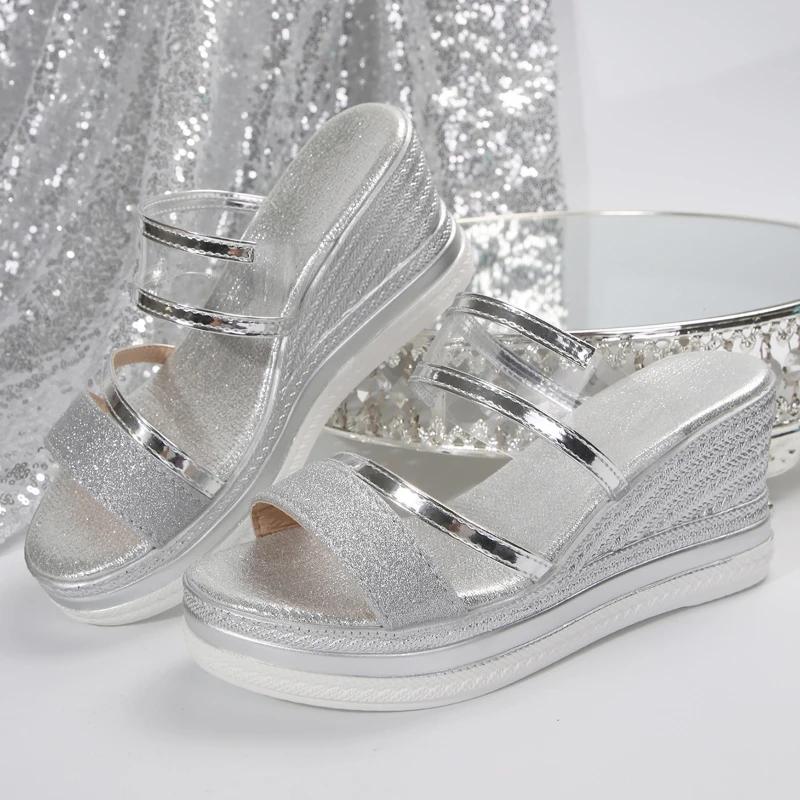 Dames Sleehak Sandalen Luxe Platform Slippers Sexy Open Teen Dames Schoenen Glanzende Hoge Hakken Dames Strand Schoenen