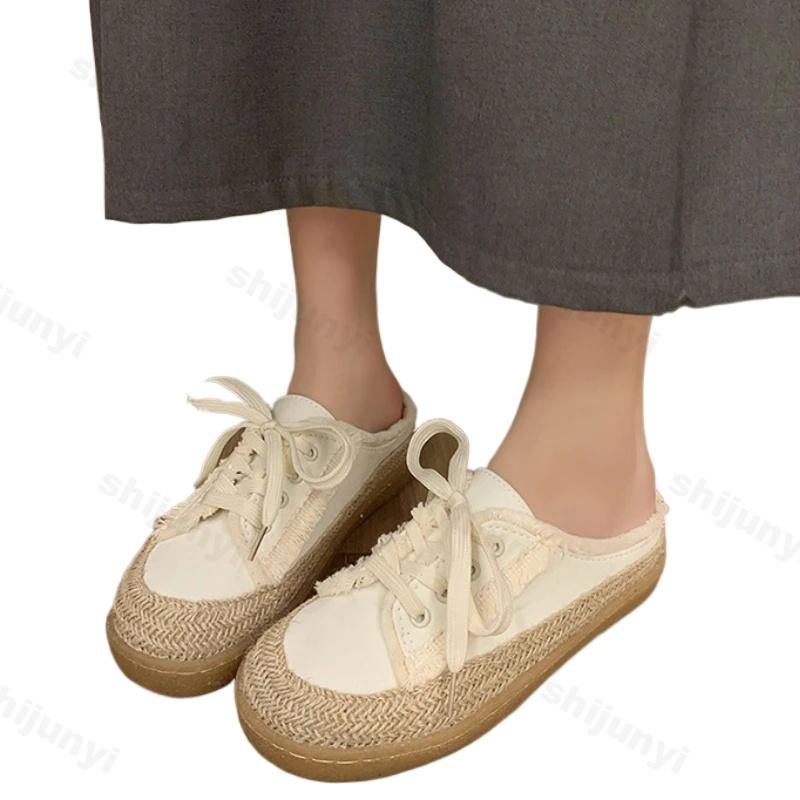 Mode Mode Lässige Schnür-Canvas-Schuhe für Damen 2024 Herbst Neu Designer Halbslipper Schuhe Damen Flache Lässige Sneakers Damen