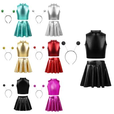 Conjunto de Fantasia Tema Alienígena para Meninas Regata Saia Mini A Linha Plissada Evasê Acessório Aro de Cabelo Roupa de Halloween