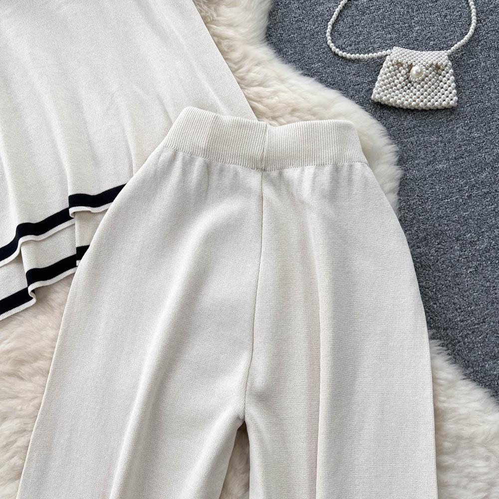 Basic O-hals Vår Sommar Kvinnor Stickad Tröja Set Mode Lös Casual Tvådelad Kortärmad Träningsoverall Dambyxdräkt