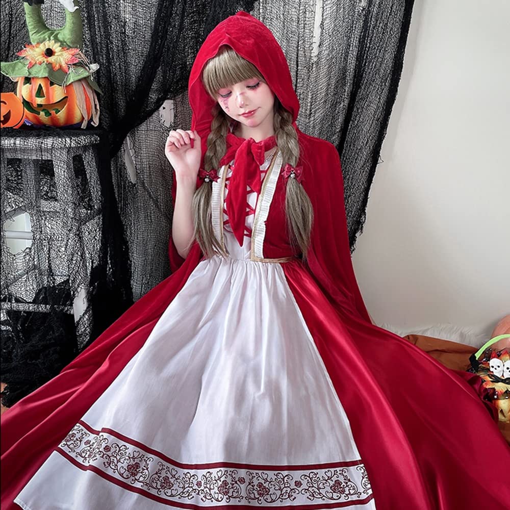 Longpen Lolita Dress, Little Red Riding Hood with Cape, Women's, Adult, Red, Alice, Halloween, Maid Outfit, Gothic, Cosplay, Romantic, Christmas, Part