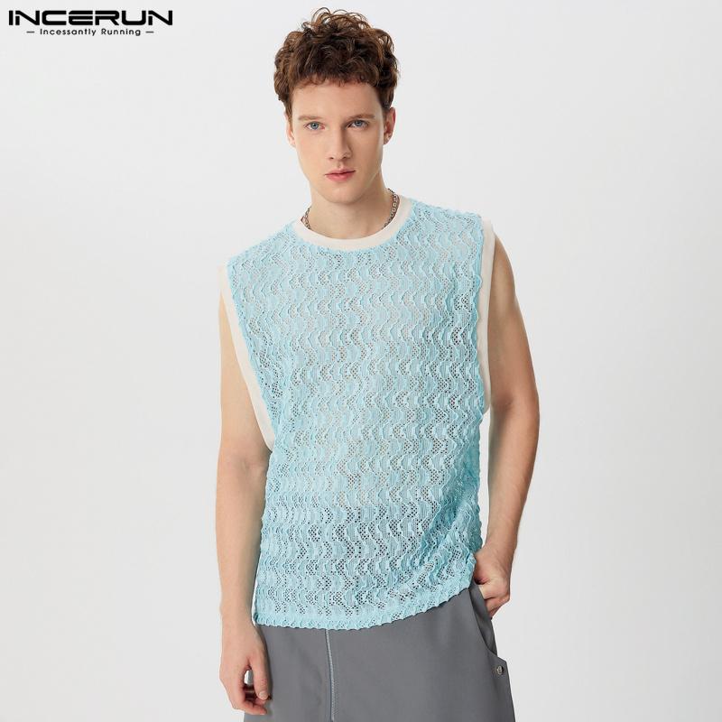 INCERUN Men Mesh Fishnet Sleeveless Tank Tops Lace Patchwork Summer Vest