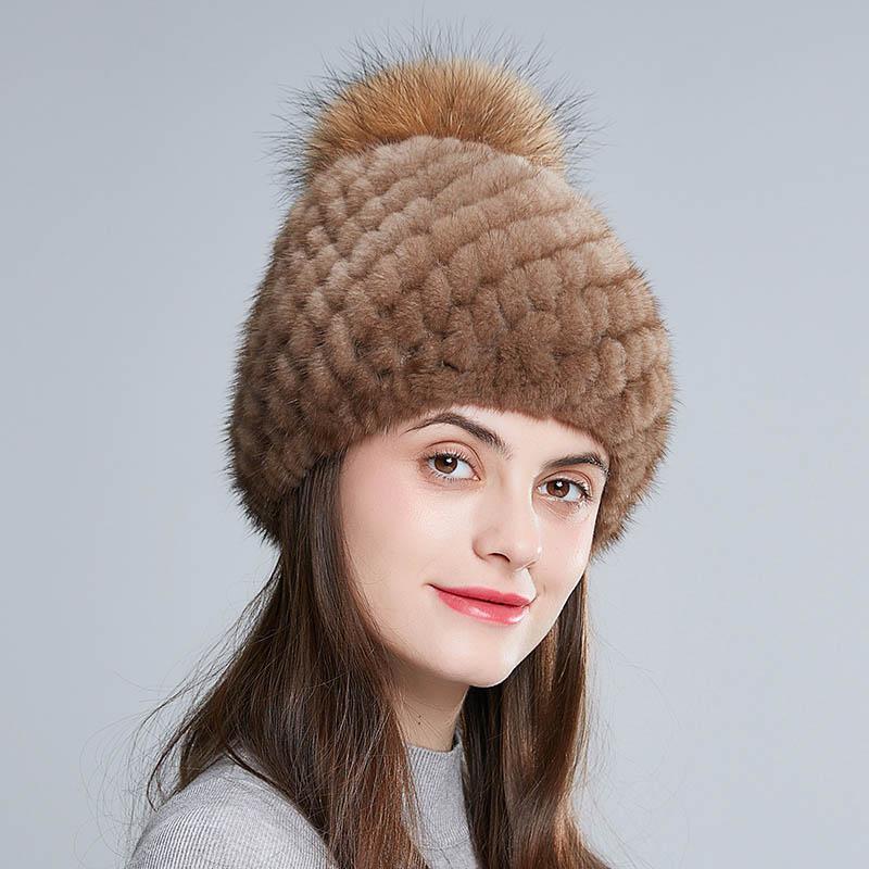 Women Winter Real Mink Fur Beanie Hat With Sliver Fox Pompom Warm Woven Knit Lined Caps Female Fashion Winter Hat