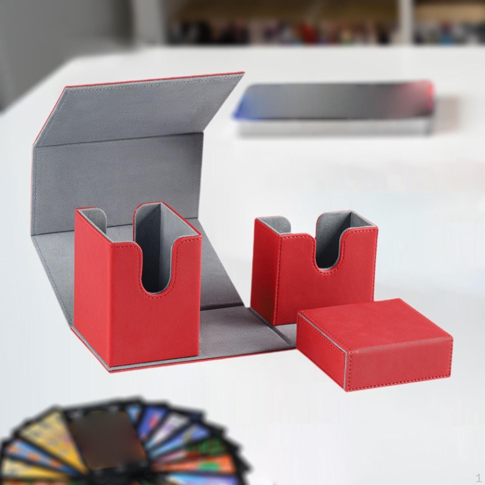 

Card Deck Box PU Leather Game Case, Collectible Case,Fits 100+ Cards Storage red and gray