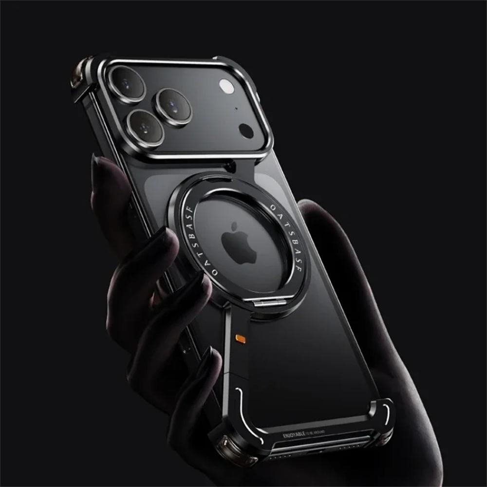 Luxury Frameless Metal Phone Case for iPhone 17 Air 16 15 Pro Max 360° Rotatable Stand Magsafe Magnetic Protective Shockproof Cover