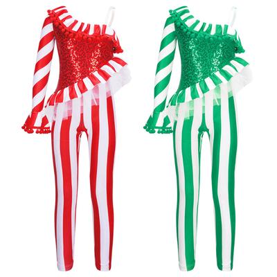 Kids Girls Candy Cane Christmas Dance Bodysuit Jumpsuit Unitard One Shoulder Xmas Holiday Santa Sweetie Costume Dancewear