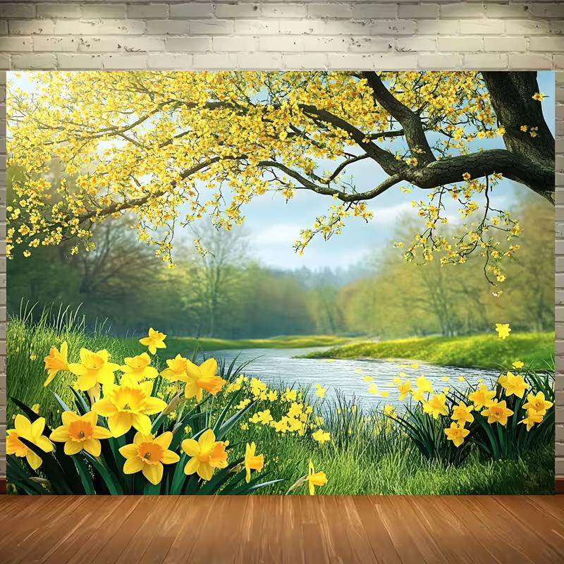 

2D Printed Spring Forest & River Backdrop, Yellow Flower Scenery Photo Background for Photoshoot 47.2x31.5inch/120*80cm
