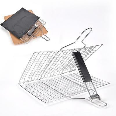 Gril BBQ Pliant en Acier Inoxydable avec Pinces à Manche en Bois et Filet à Poisson Grillé Amovible