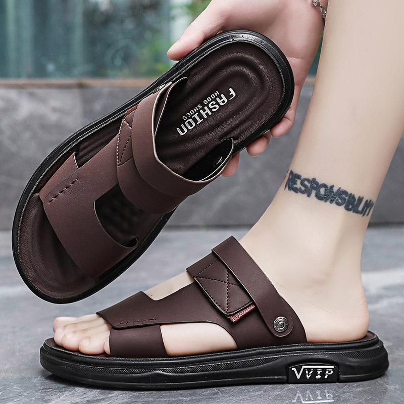High-end Leather Sandals, Men's Outer Wear, Summer New Fashion, One Shoe or Two, Wear Thick-soled, One-word Cool Slippers