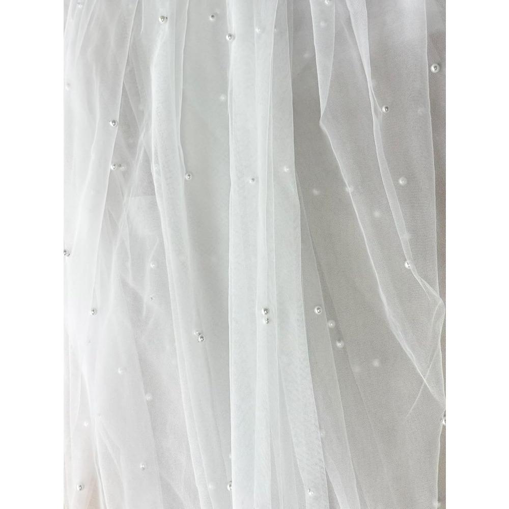 Elegant Pearl Beaded Bridal Cathedral Veil, Long Train Tulle Shawl Wrap Wedding Accessories for Bride Length 230cm