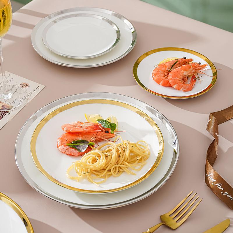 10palcový keramický talíř na steak v západním stylu s evropským zlatým okrajem, talíře na ovoce, dezert, snídani, kulatý kuchyňský talíř, nádobí