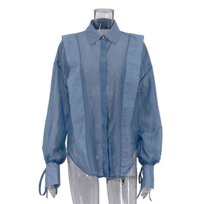 See Through Lapel Women Shirt Long Sleeve Single Breasted Lady Shirts 2026 Fashion Solid Color Lace Up Spring Summer Female Blouse
