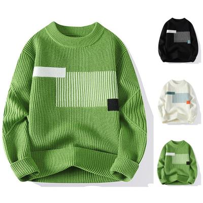 Autumn Winter Men Sweater Thick Loose Knitted Colorblock Round Neck Long Sleeves Pullover