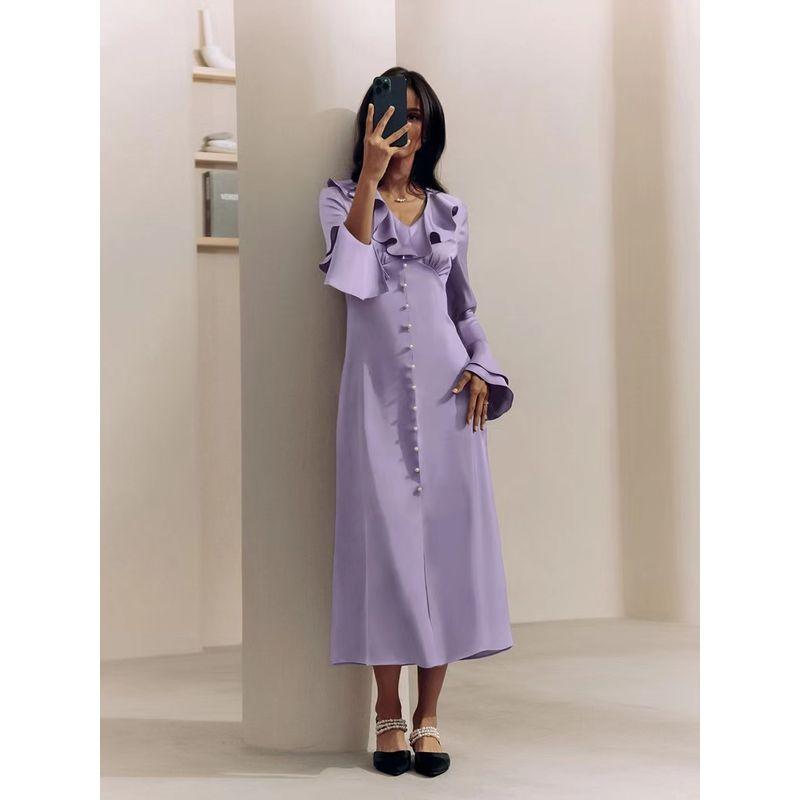 

Fashion New Arrival Satin V-neck Flared Sleeves Ruffles Dress V-Neck Flared Sleeve Dress Purple M