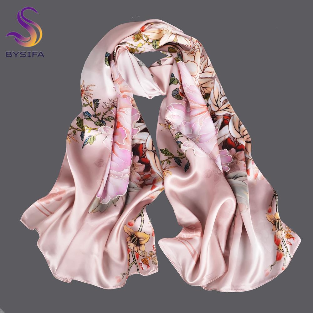 BYSIFA|Brand Grey Pink Silk Scarf Shawl Foulard Chain Style Peony Design Long Scarves Fall Winter100% Silk Ladies Scarf 170*53cm