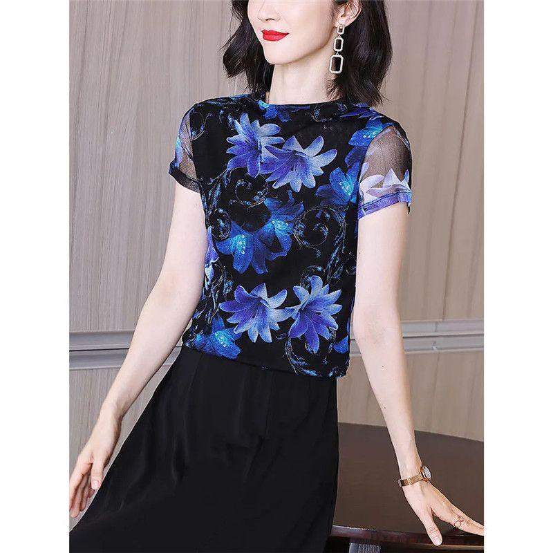 Sommer Neue Mesh T-shirts frauen Kurzarm Slim Fit Blttoming Shirt Mode Gedruckt Outwear Top M-8XL