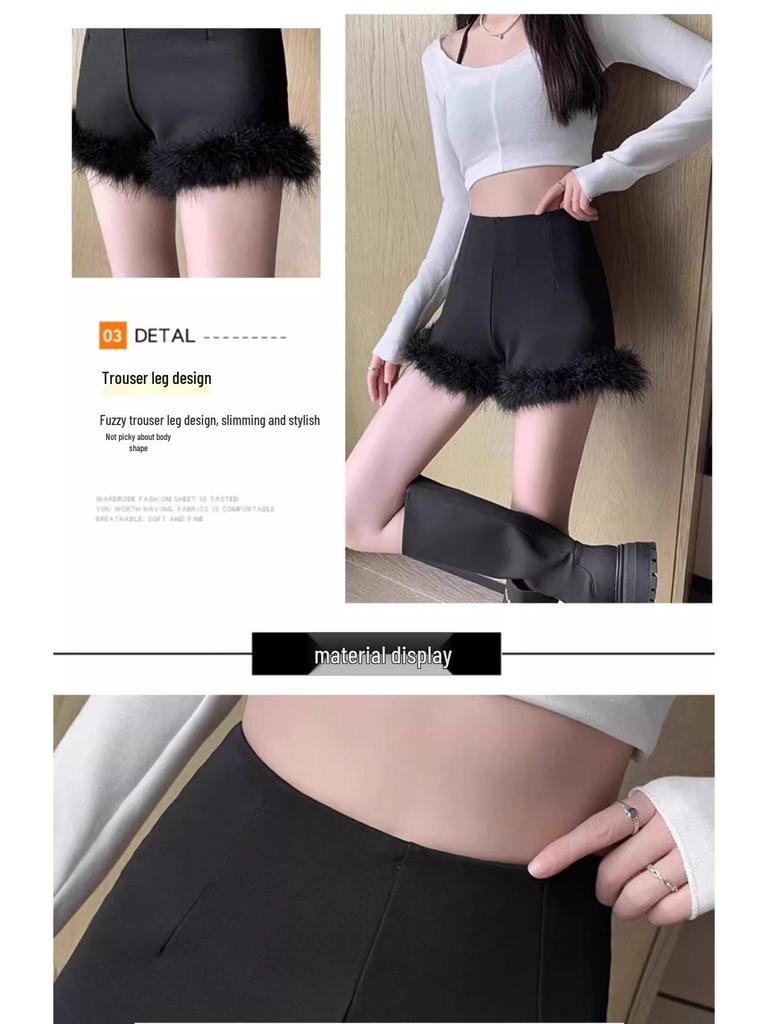 Black Raw Edge High Waist A-Line Slimming Shorts for Women - Autumn/Winter 2024 Fashion