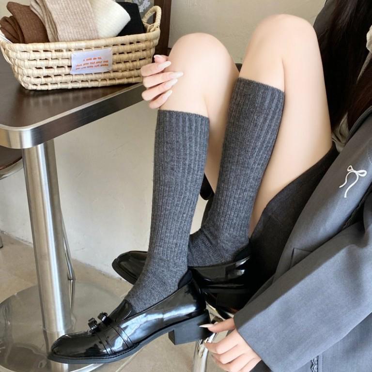 Winter Wool Double-Needle Vertical Stripe Thigh-High Socks - Thick, Warm, Slimming for Girls