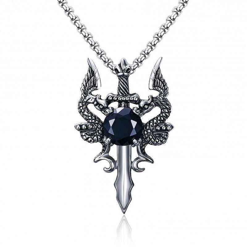 Titanium Steel Dragon Necklace, Double Dragon Retro Men's Domineering and Trendy Men's Inlaid Red and White Zircon Pendant