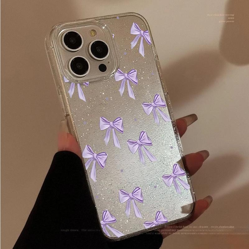 Purple Polka Dot Bowknot Glitter Clear Phone Case For iPhone 17 16 15 14 13 12 11 Pro Max XS XR X 7 8 Plus 16E 17E 17 Air Cover
