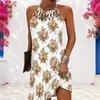Women Plus Size Criss Cross Cutout Neck Sleeveless White Floral Printed Fitted Curved Hem Dress