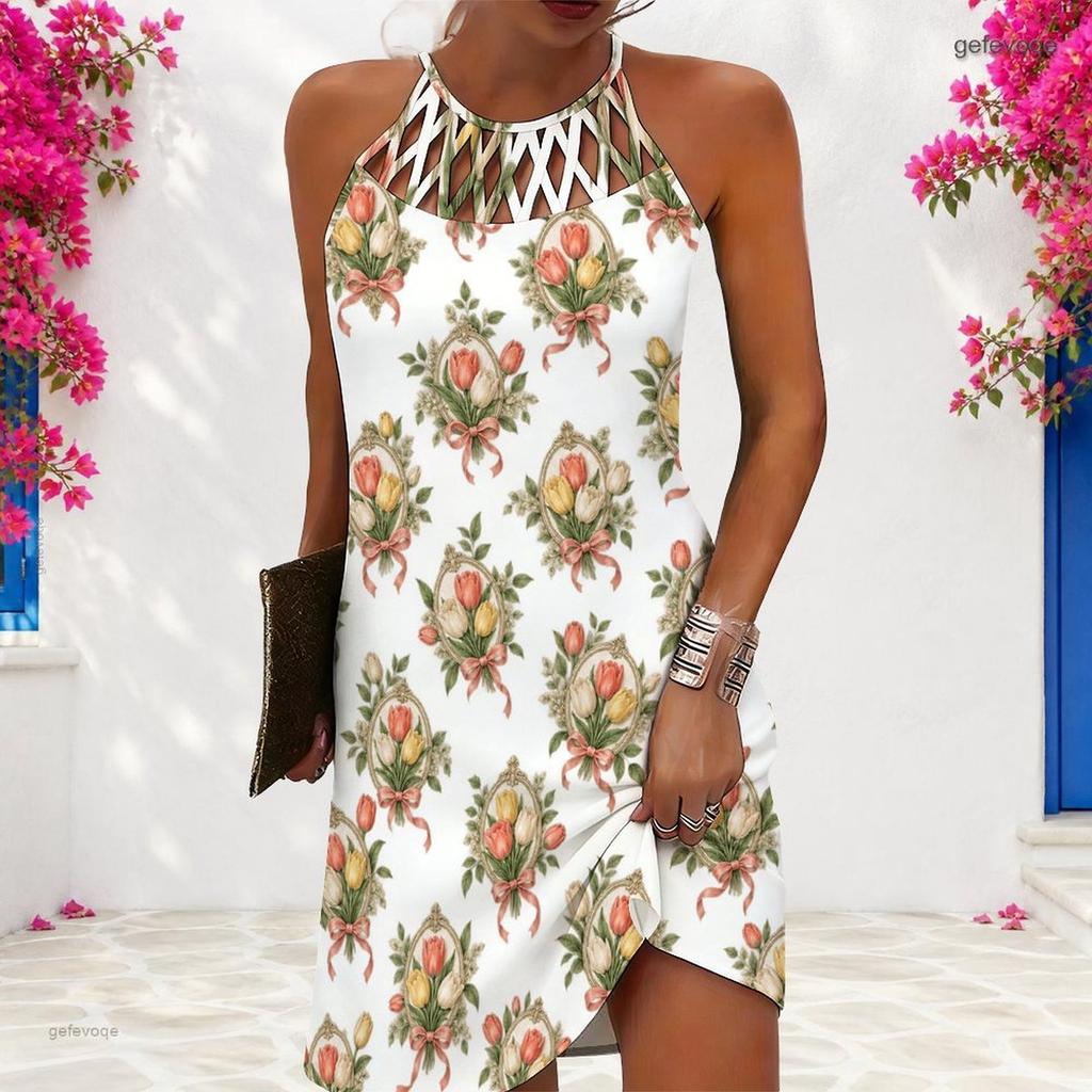 Women Plus Size Criss Cross Cutout Neck Sleeveless White Floral Printed Fitted Curved Hem Dress