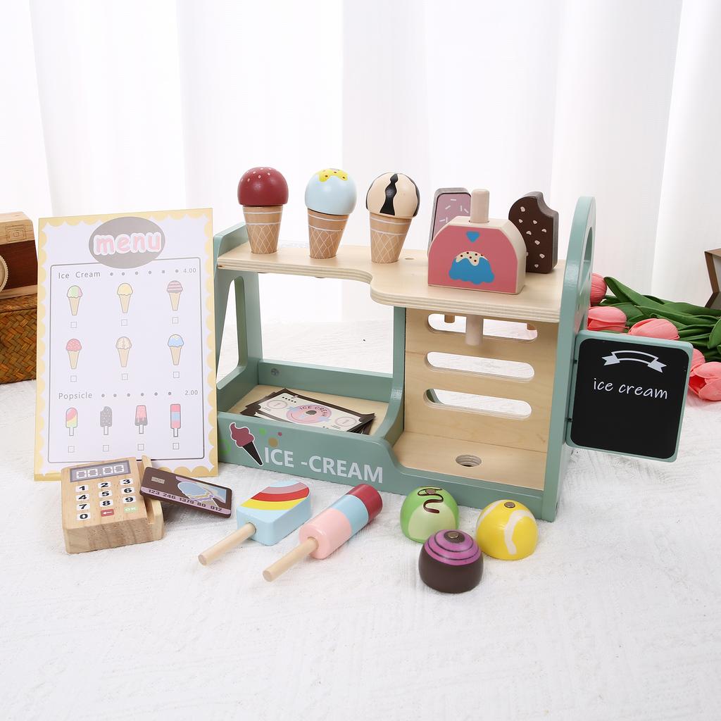 Wooden Ice Cream Counter Playset for Kids, Pretend Play Food Toys for Early Learning and Educational Role Play
