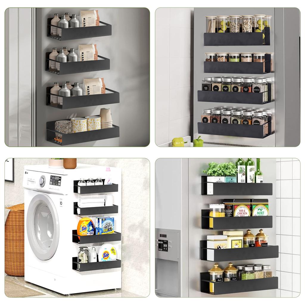 4 Pack Magnetic Spice Rack for Refrigerator Organizer Shelf Storage Moveable Magnetic Shelf Fridge Space Saving Heavy-Duty Back