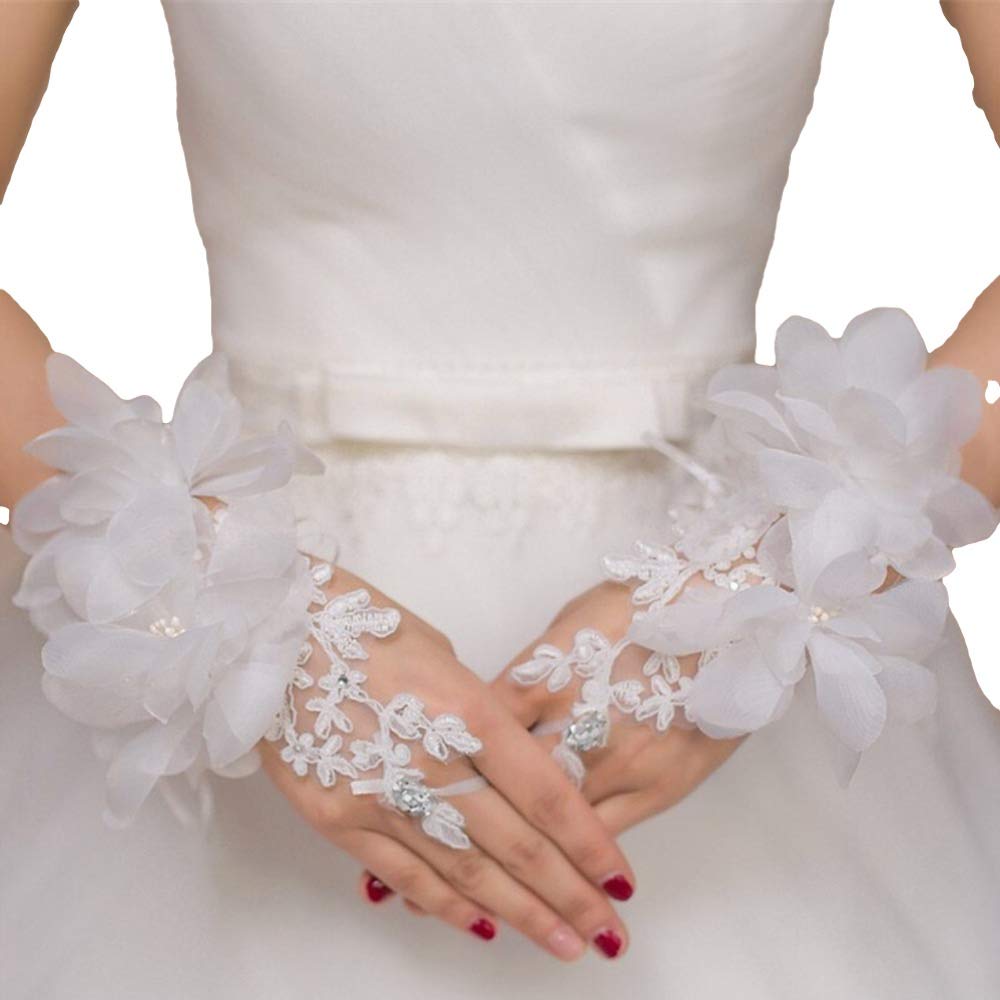

Lebonarie Fingerless Wedding Gloves, Short Bridal Gloves with Embroidered Lace and Floral Ribbon (White)