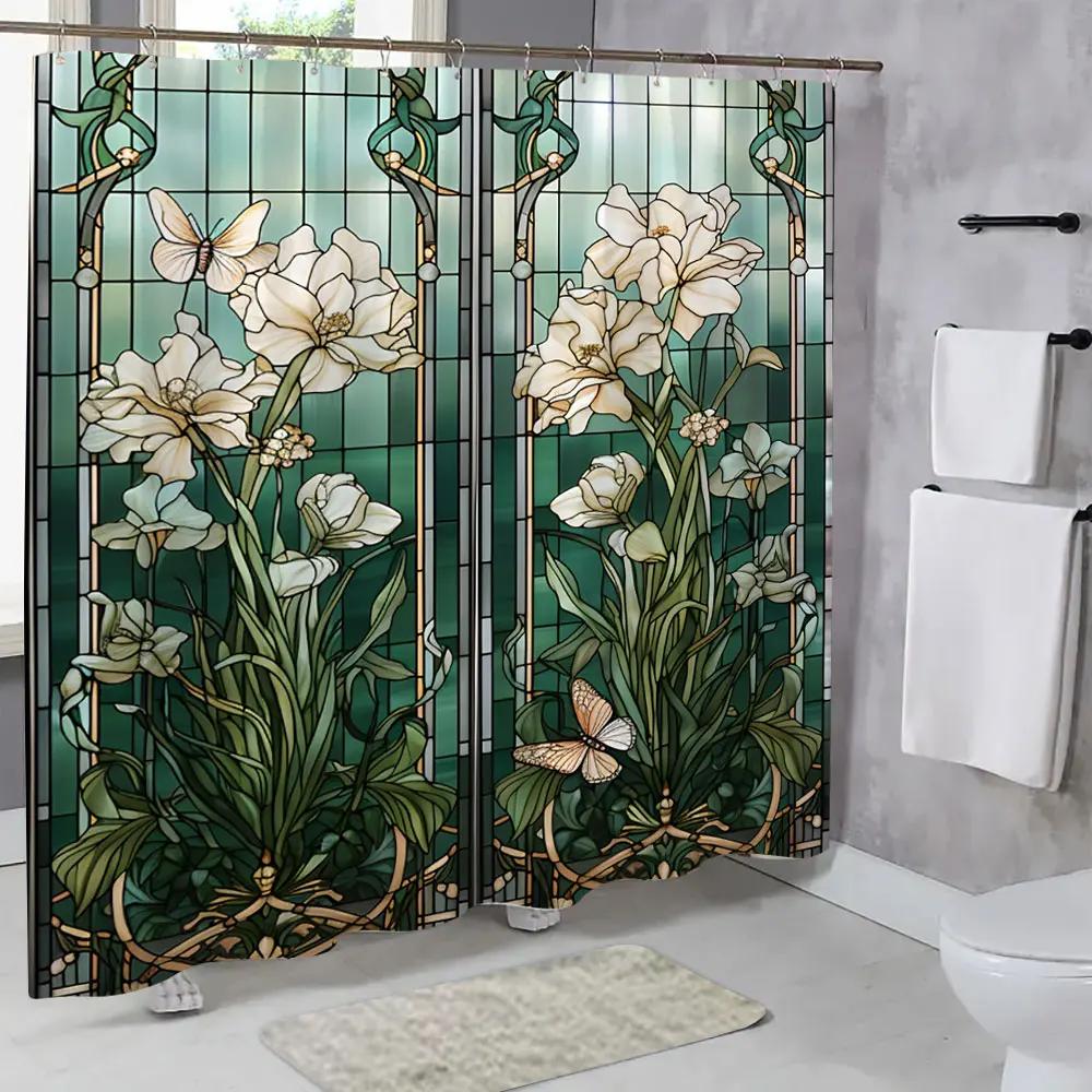 Colourful Glass Meadow Flower Butterfly Print Polyester Fabric Shower Curtain Home Hotel Apartment Bathroom Shower Curtain Decor