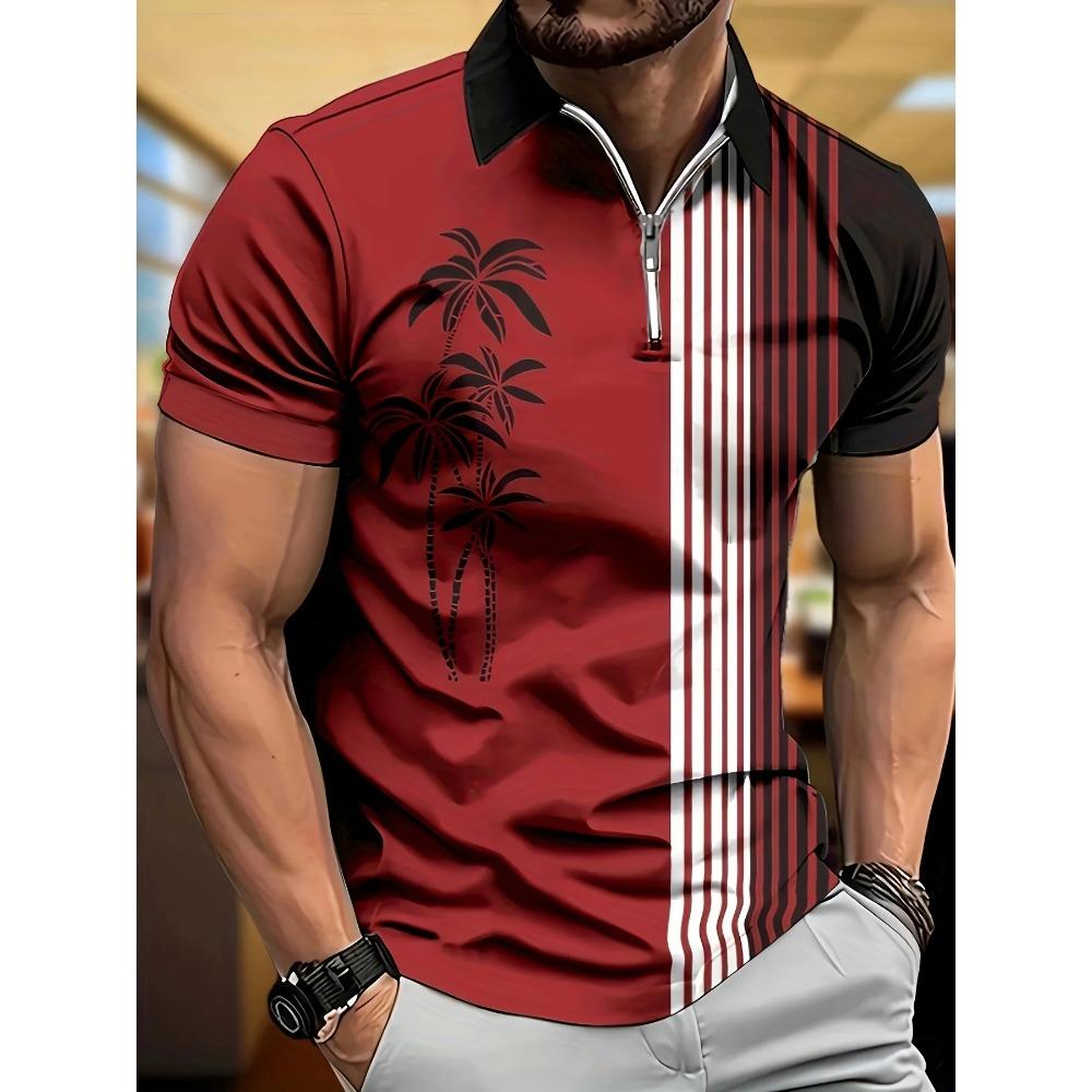 

Fashionable The New Men s Zipper POLO Shirt for Summer Casual Soft and Breathable with 3D Coconut Tree Pattern Printing 5XL червоний