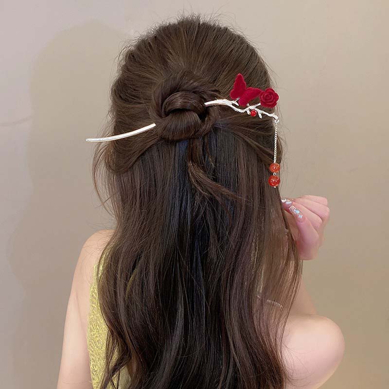 Retro Rose Hairpin For Women Chinese Style Tassel Hair Stick Pins Hair Clips Flower Handmade Hairpins Valentine's Day Headwear