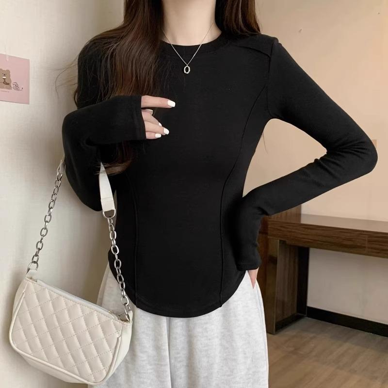 

Осень новый дизайн правое плечо елочка талия футболка женская базовая рубашка неровный подол топ с длинным рукавом XL