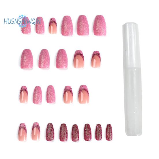 

1 комплект, женские носимые накладные ногти с клеем, розово-фиолетовый цвет, блестящий гель, накладные ногти, французский маникюр с блестками, советы, набор для дизайна ногтей «сделай сам» розовый/фиолетовый