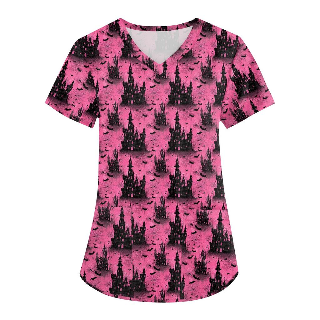 Women's Printing Uniform Work Uniform V-neck Pockets Basic Short Sleeve Pullover Top